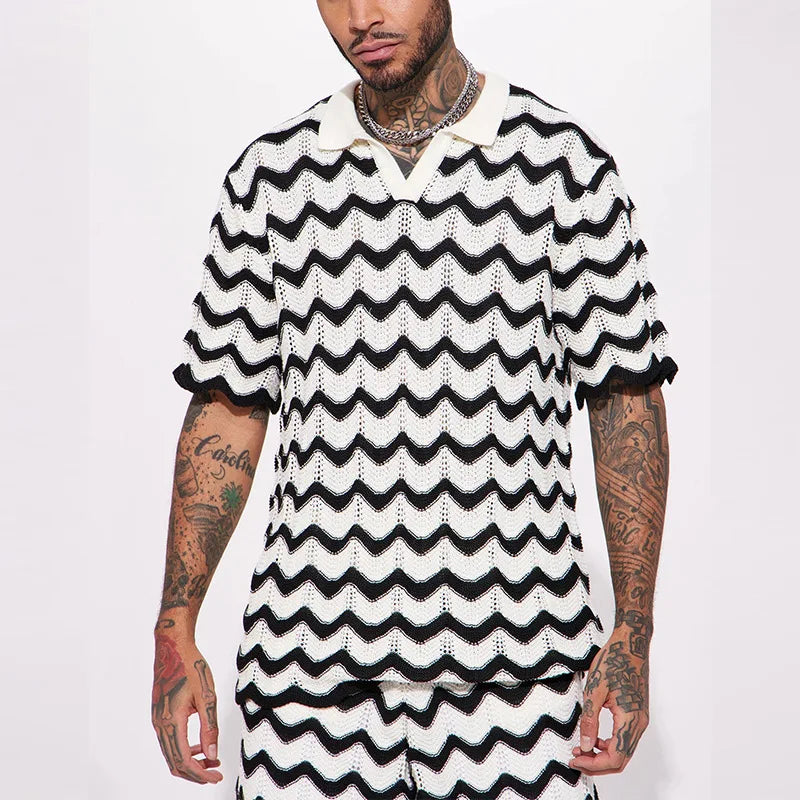 2-piece men's summer knitted set - stylish polo and shorts for casual outings