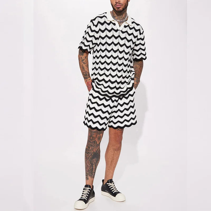 2-piece men's summer knitted set - stylish polo and shorts for casual outings