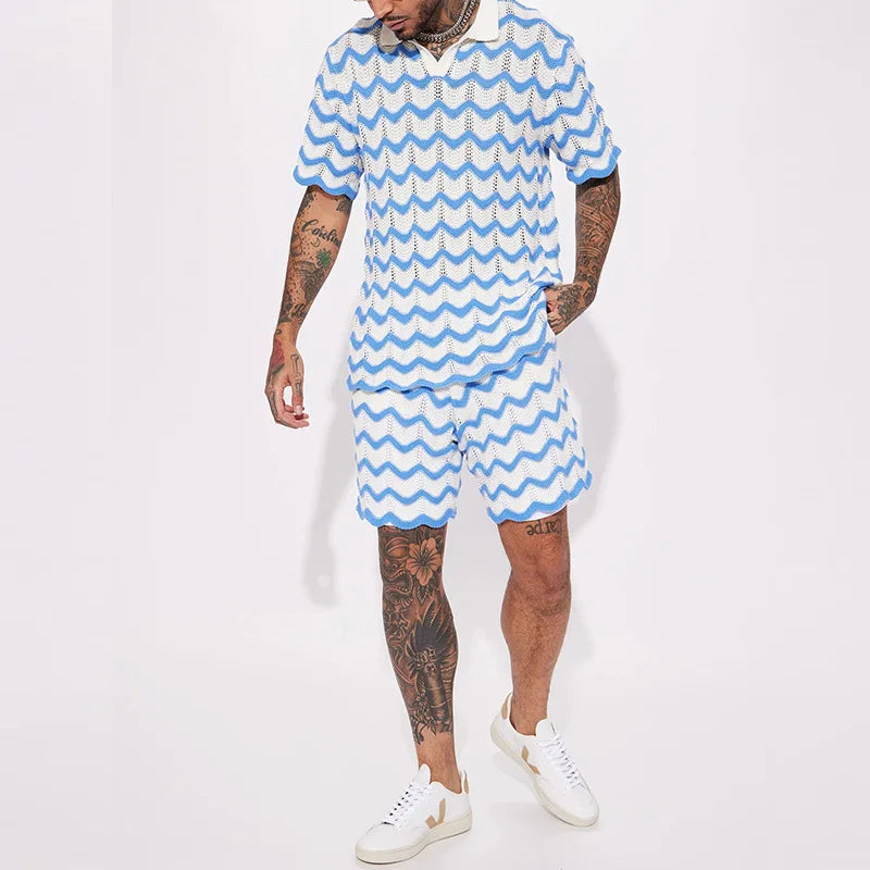 2-piece men's summer knitted set - stylish polo and shorts for casual outings