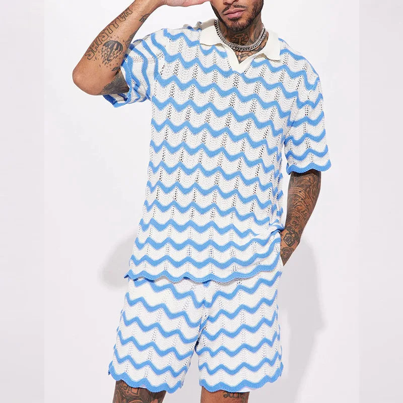 2-piece men's summer knitted set - stylish polo and shorts for casual outings