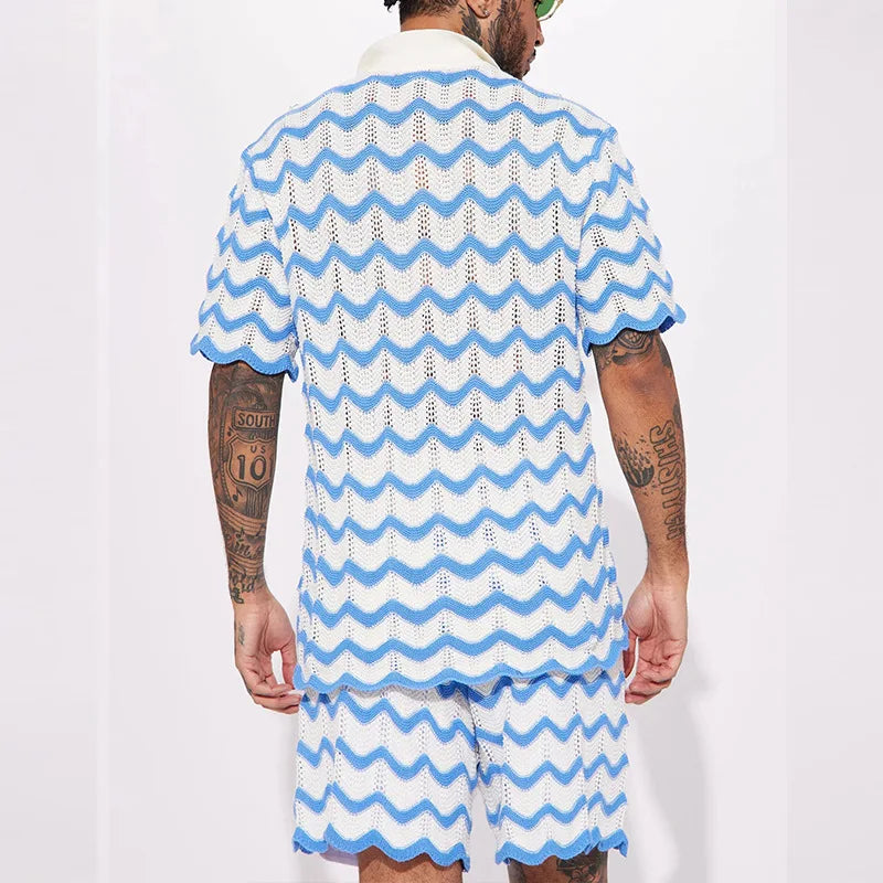 2-piece men's summer knitted set - stylish polo and shorts for casual outings