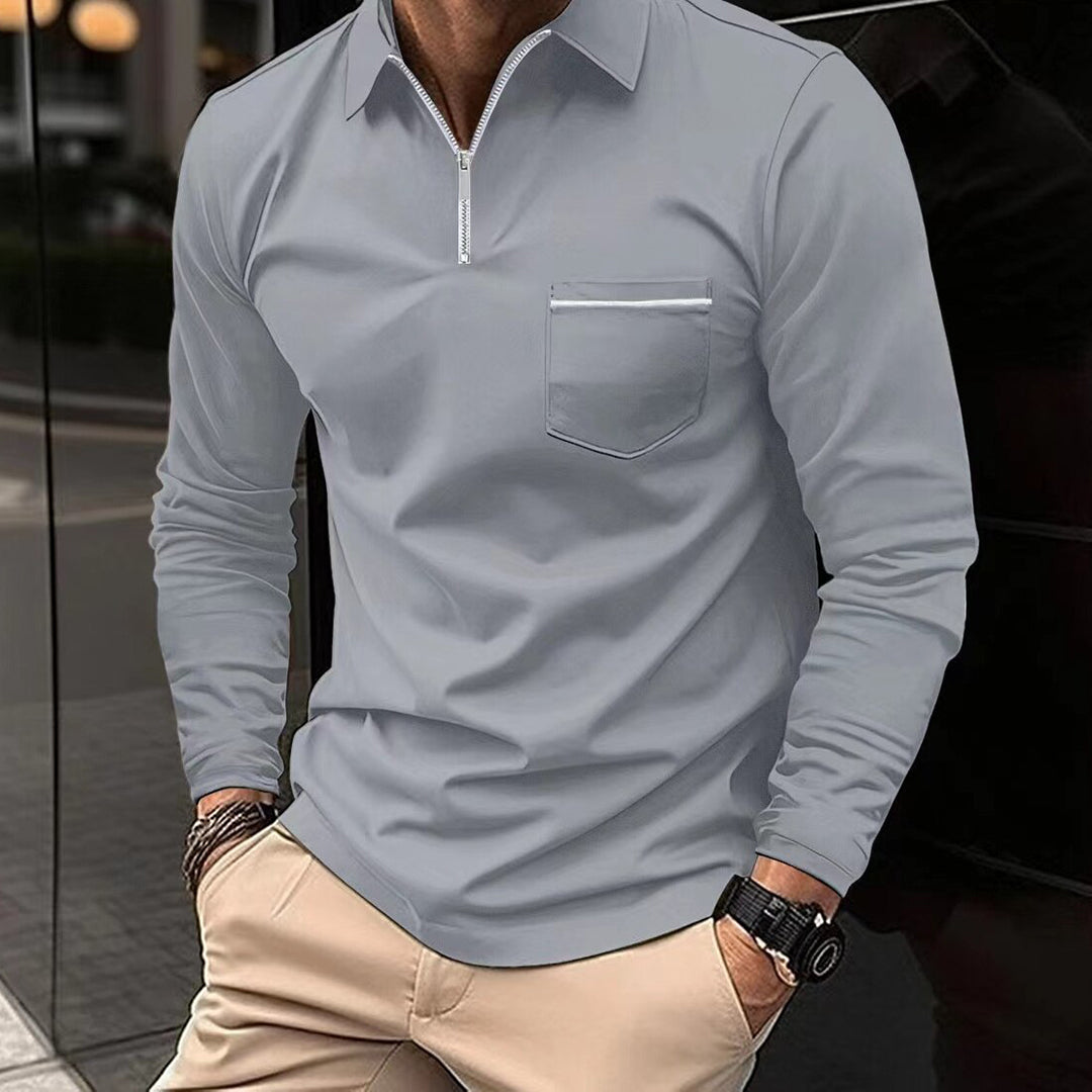 Men's long sleeve polo shirt zip neck casual attire - soft fabric for everyday wear