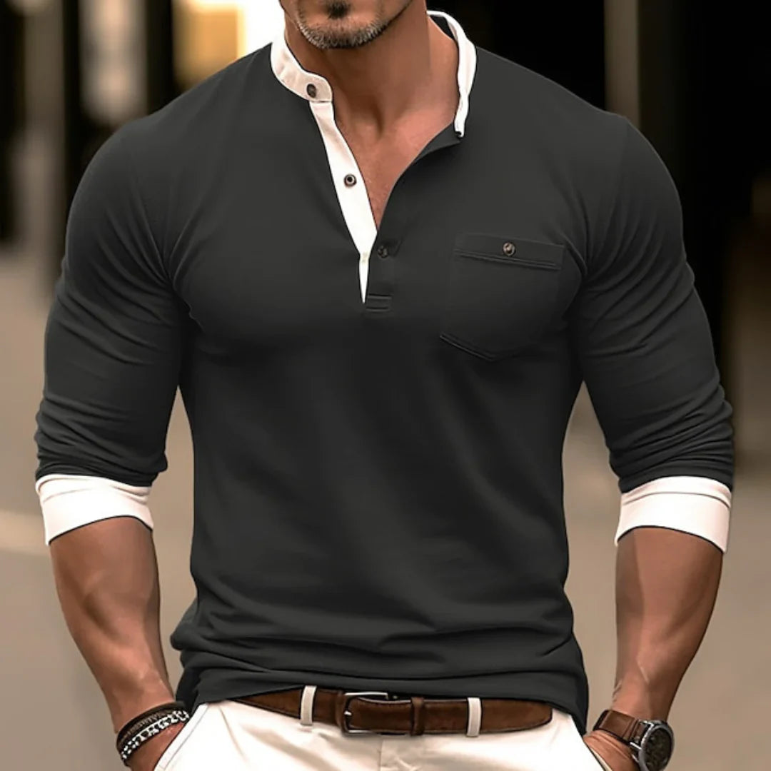 Men's long sleeve polo shirt - trendy henley top for casual & office wear
