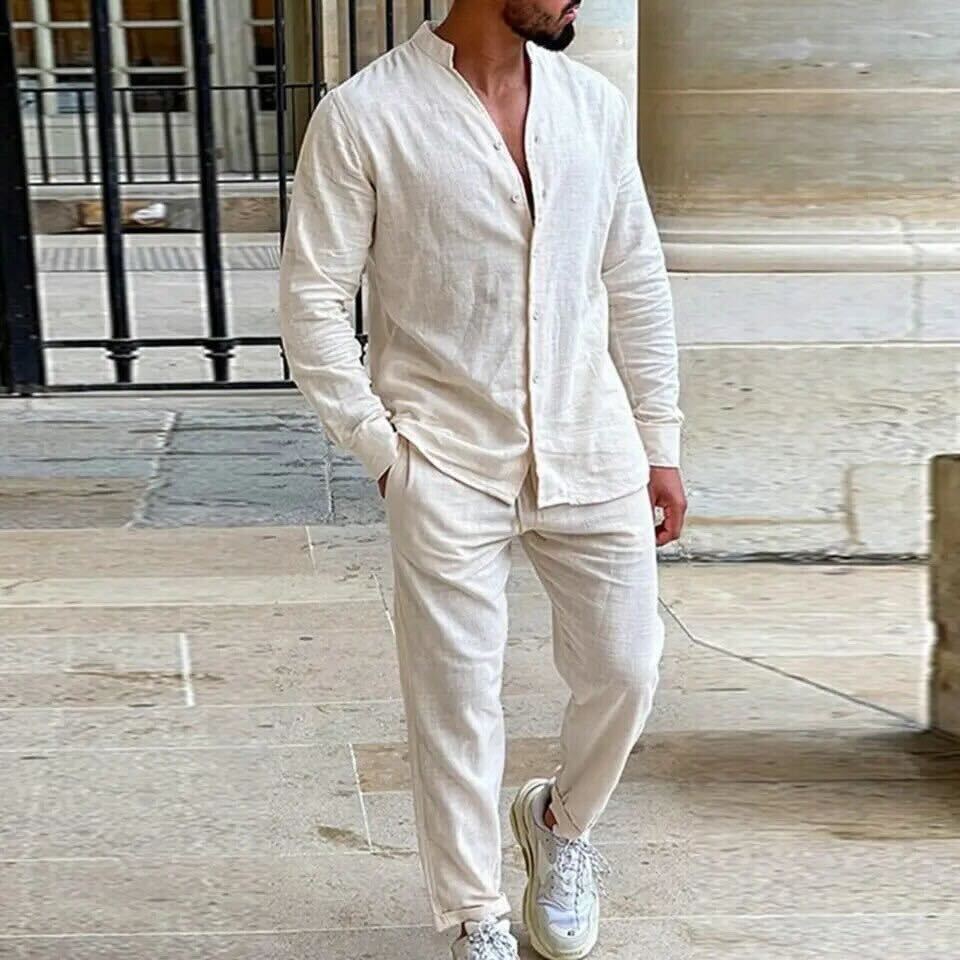 2-piece men's casual shirt and trouser set - lightweight long sleeve outfit for everyday wear