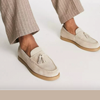 Men's moccasins elegant suede loafers beige casual wear - stylish tassel slip-on shoes