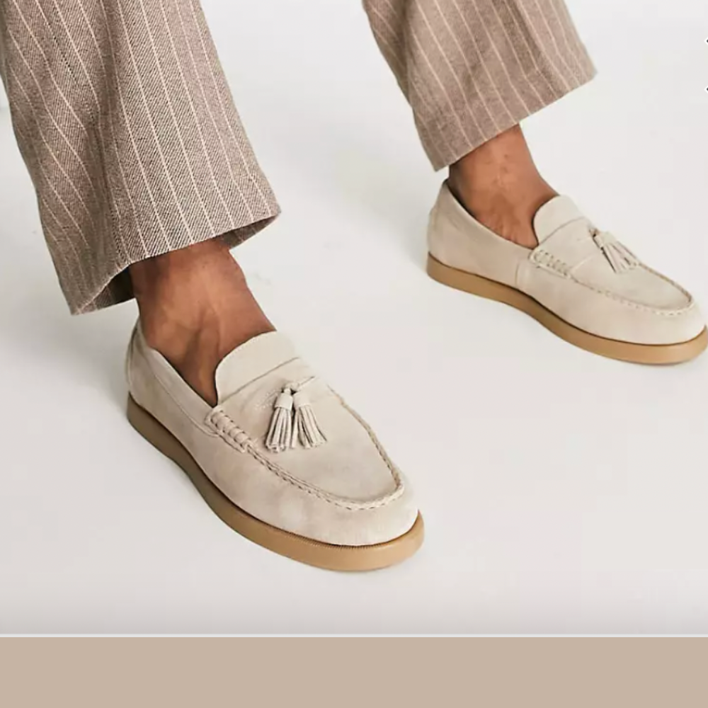 Men's moccasins elegant suede loafers beige casual wear - stylish tassel slip-on shoes