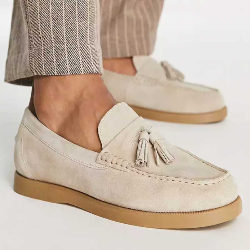 Men's moccasins elegant suede loafers beige casual wear - stylish tassel slip-on shoes