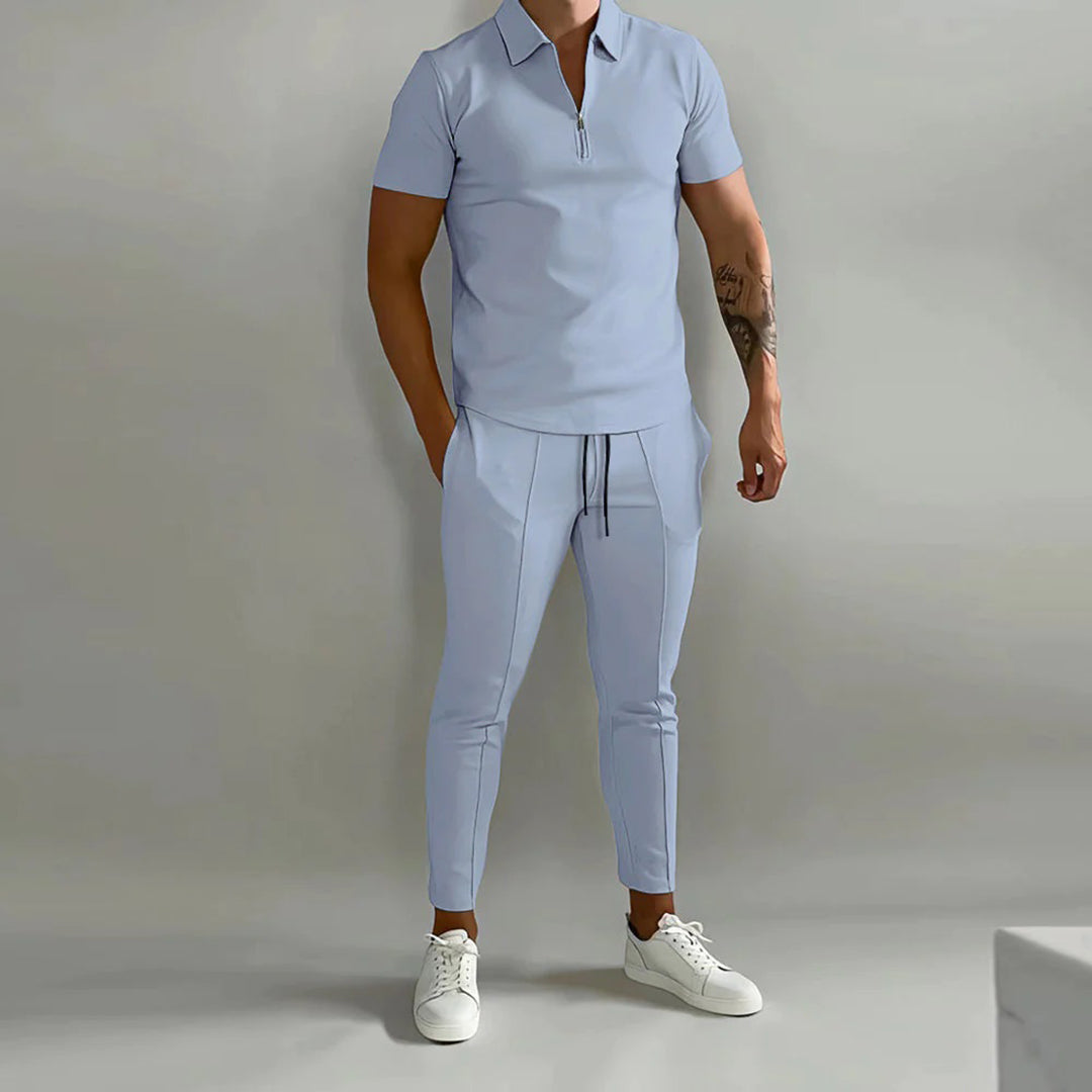 Men's zip-up polo shirt and tapered trousers set - versatile casual ensemble