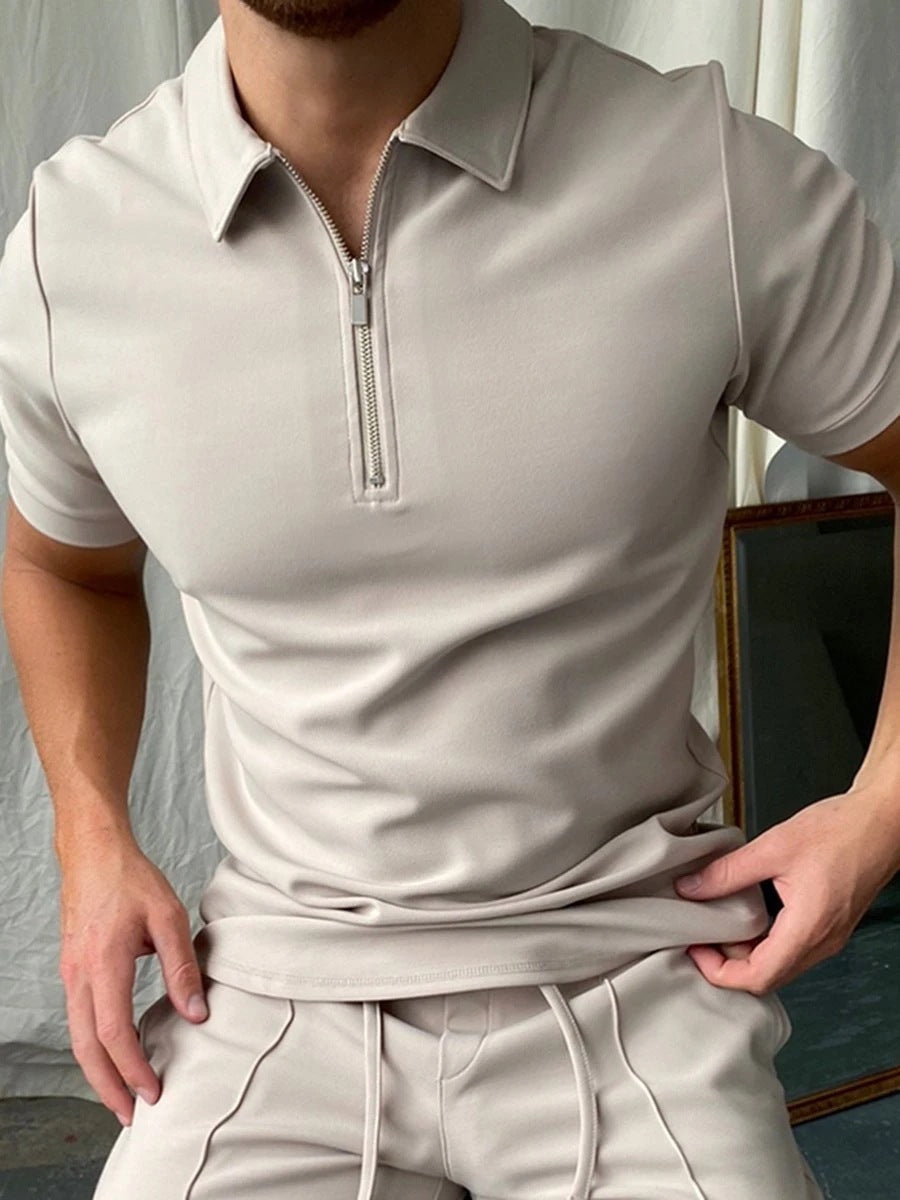 Men's polo shirt deluxe slim fit half-zip casual attire - contemporary short sleeve top for everyday wear