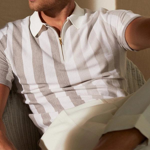 Men's polo shirt deluxe slim fit half-zip casual attire - contemporary short sleeve top for everyday wear