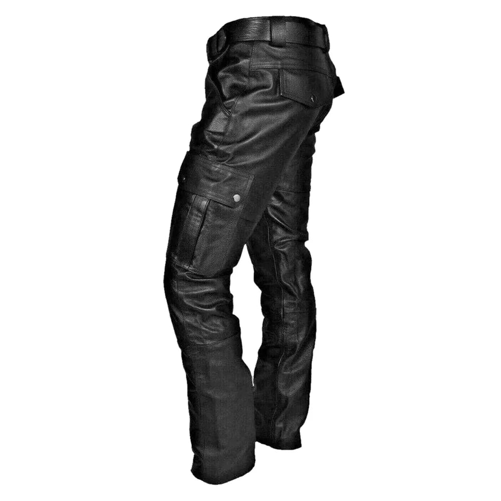 Men's black leather cargo trousers - stylish and durable wear for casual and motorcycle use