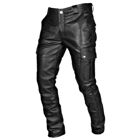 Men's black leather cargo trousers - stylish and durable wear for casual and motorcycle use