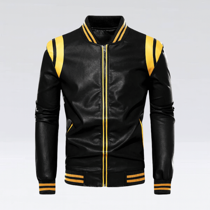 Men’s Casual Bomber Jacket - Sleek Leather Black & Yellow