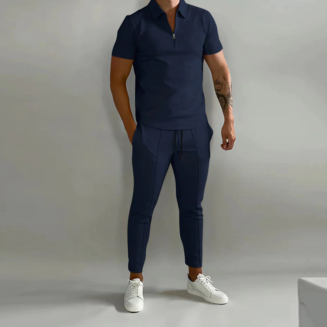 Men's zip-up polo shirt and tapered trousers set - versatile casual ensemble