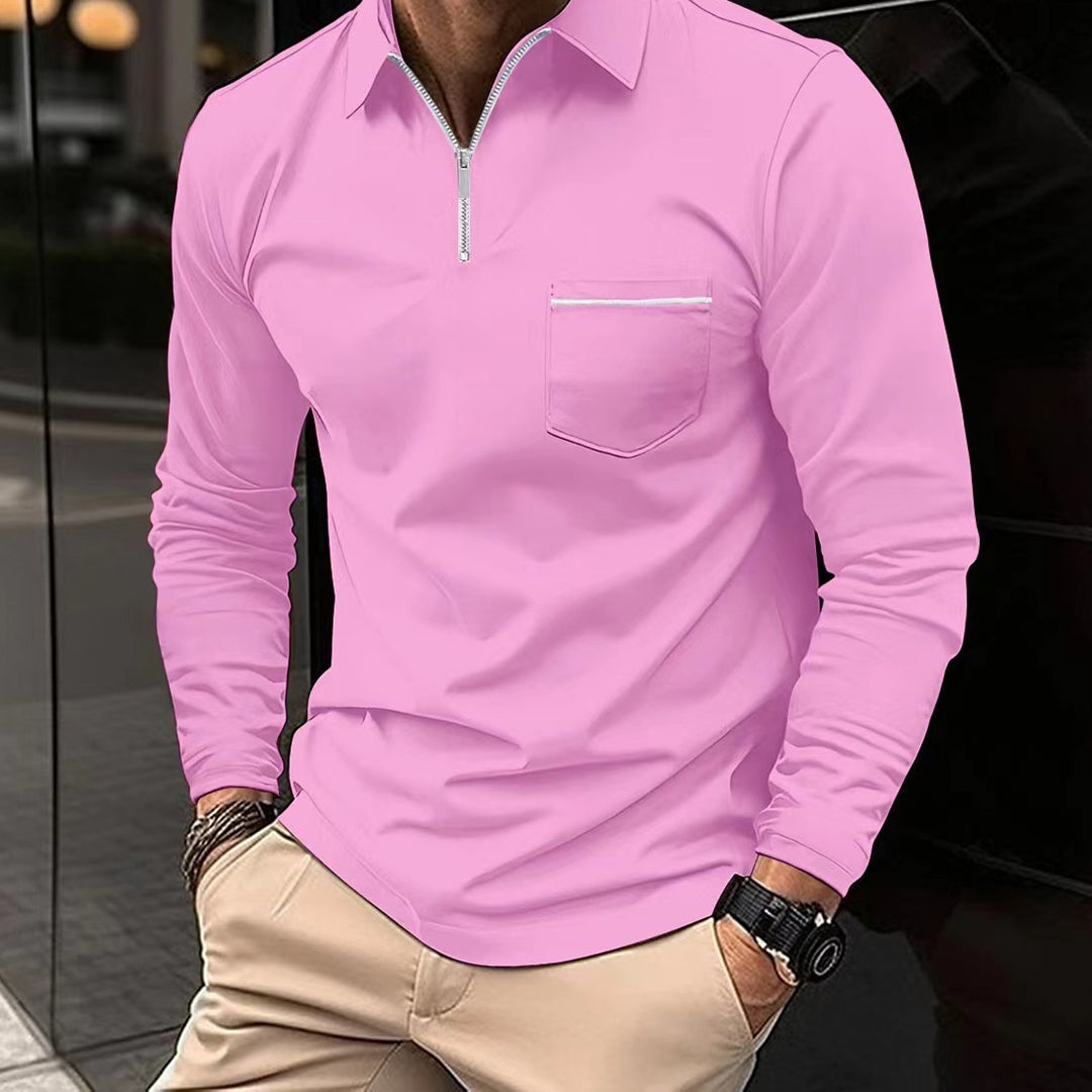 Men's long sleeve polo shirt zip neck casual attire - soft fabric for everyday wear