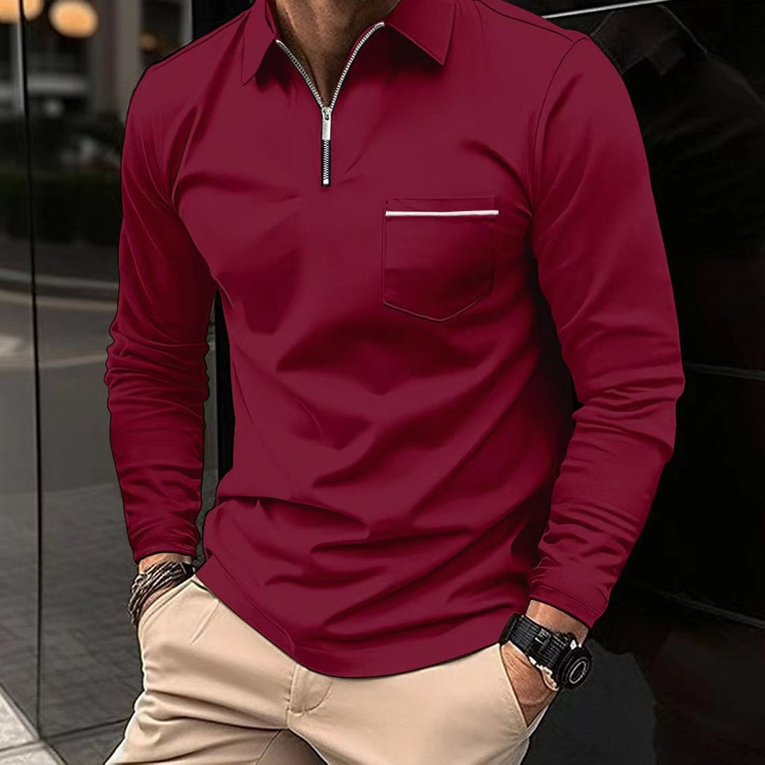 Men's long sleeve polo shirt zip neck casual attire - soft fabric for everyday wear
