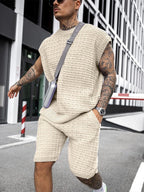 Men's casual knit set - cozy summer ensemble with stylish short sleeve top and shorts