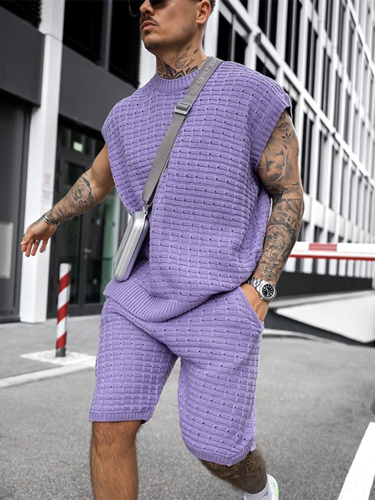Men's casual knit set - cozy summer ensemble with stylish short sleeve top and shorts