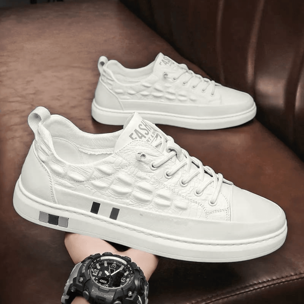 Men's luxe leather sneakers - stylish versatile footwear with detailed pattern for casual and semi-formal occasions