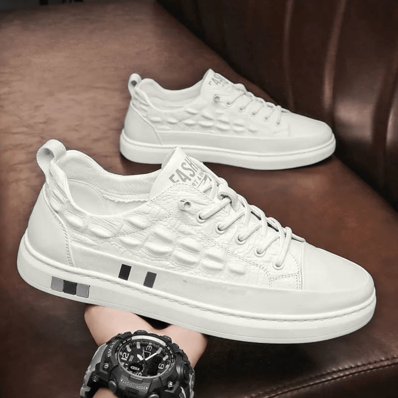 Men's luxe leather sneakers - stylish versatile footwear with detailed pattern for casual and semi-formal occasions
