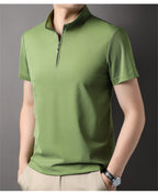Men's zip neck polo shirt modern short sleeve top - stylish casual wear for everyday outings