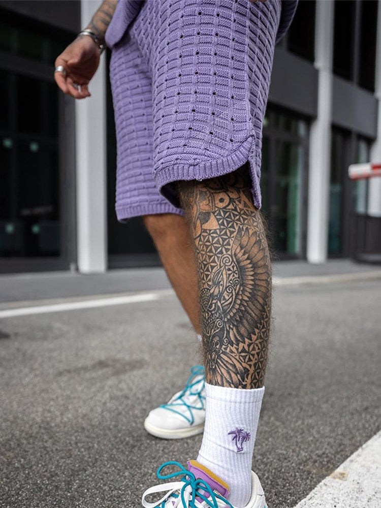 Men's casual knit set - cozy summer ensemble with stylish short sleeve top and shorts