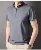 Men's zip neck polo shirt modern short sleeve top - stylish casual wear for everyday outings
