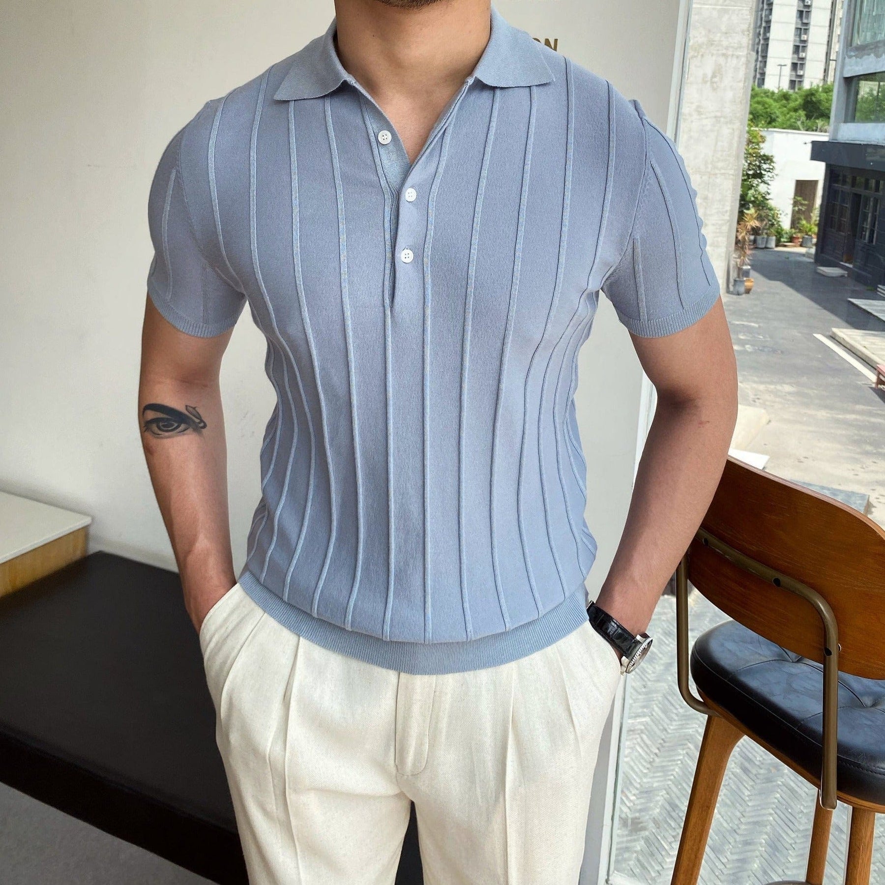 Striped polo shirt - men's sophisticated top in soft blue