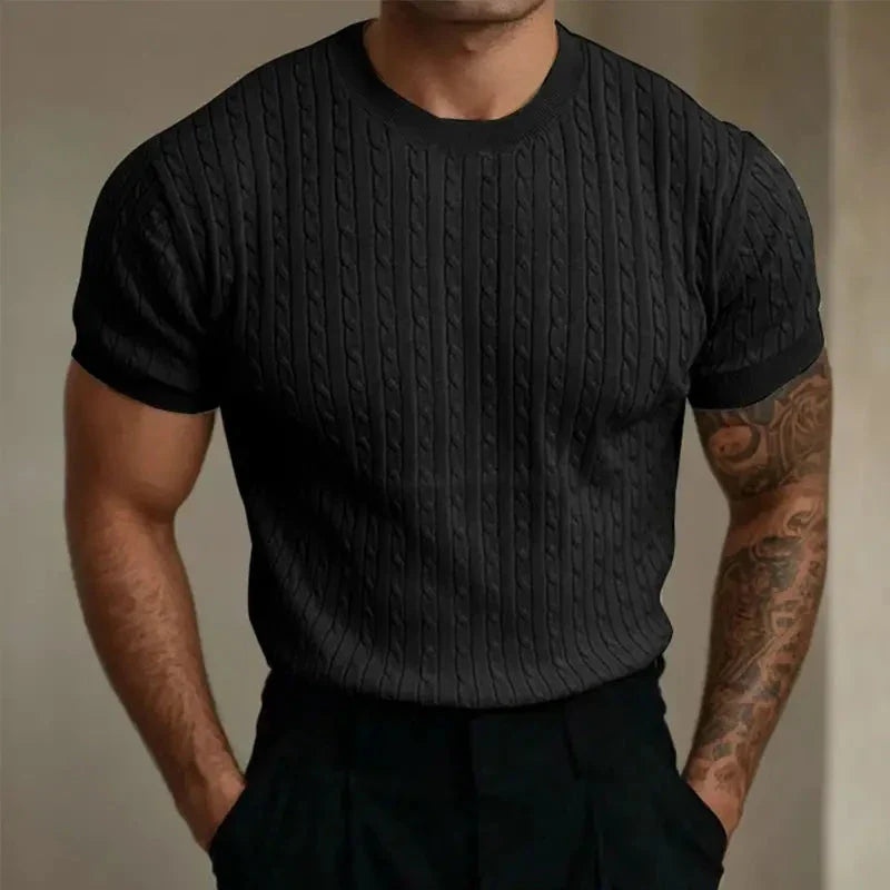 Men's short sleeve cable knit t-shirt - versatile lightweight sweater for everyday wear