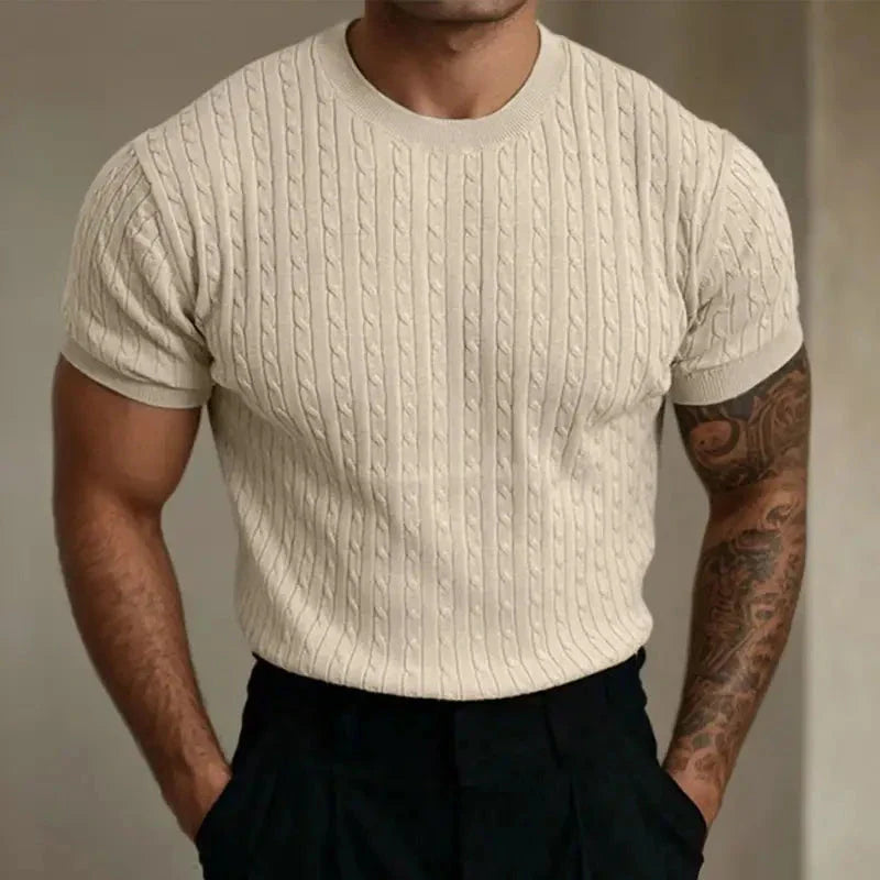 Men's short sleeve cable knit t-shirt - versatile lightweight sweater for everyday wear