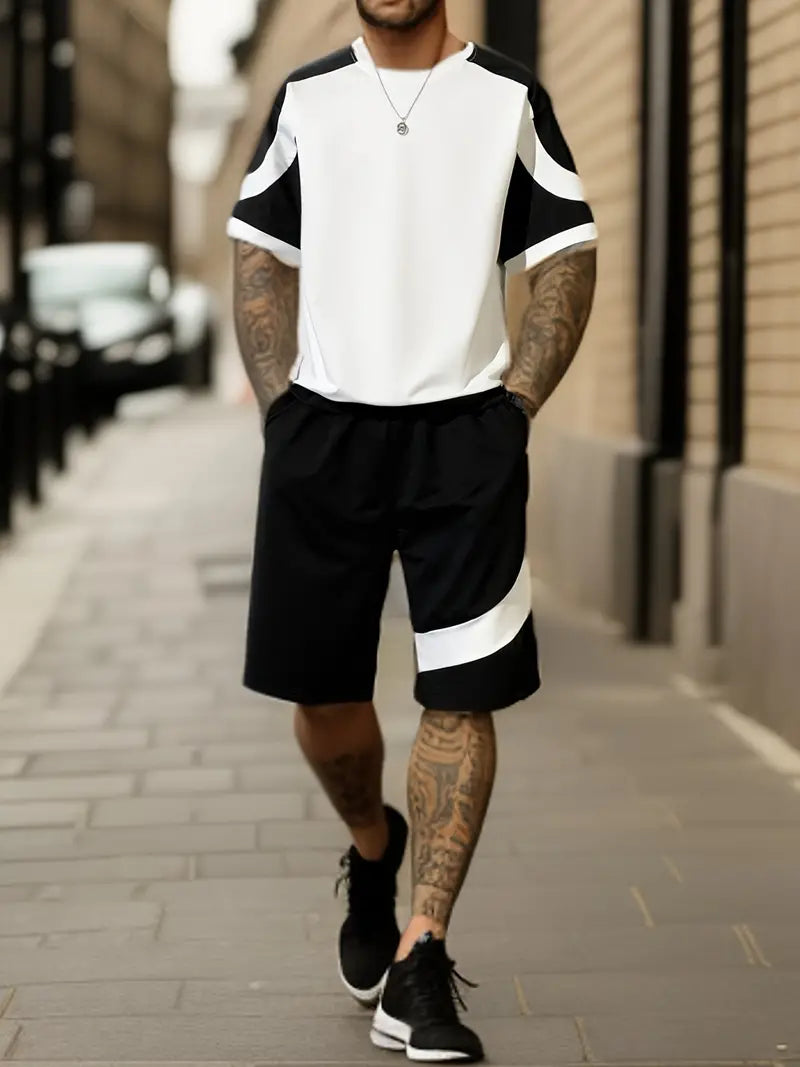 2-piece men's casual activewear set - trendy short sleeve top and shorts, daily wear