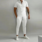 Men's zip-up polo shirt and tapered trousers set - versatile casual ensemble