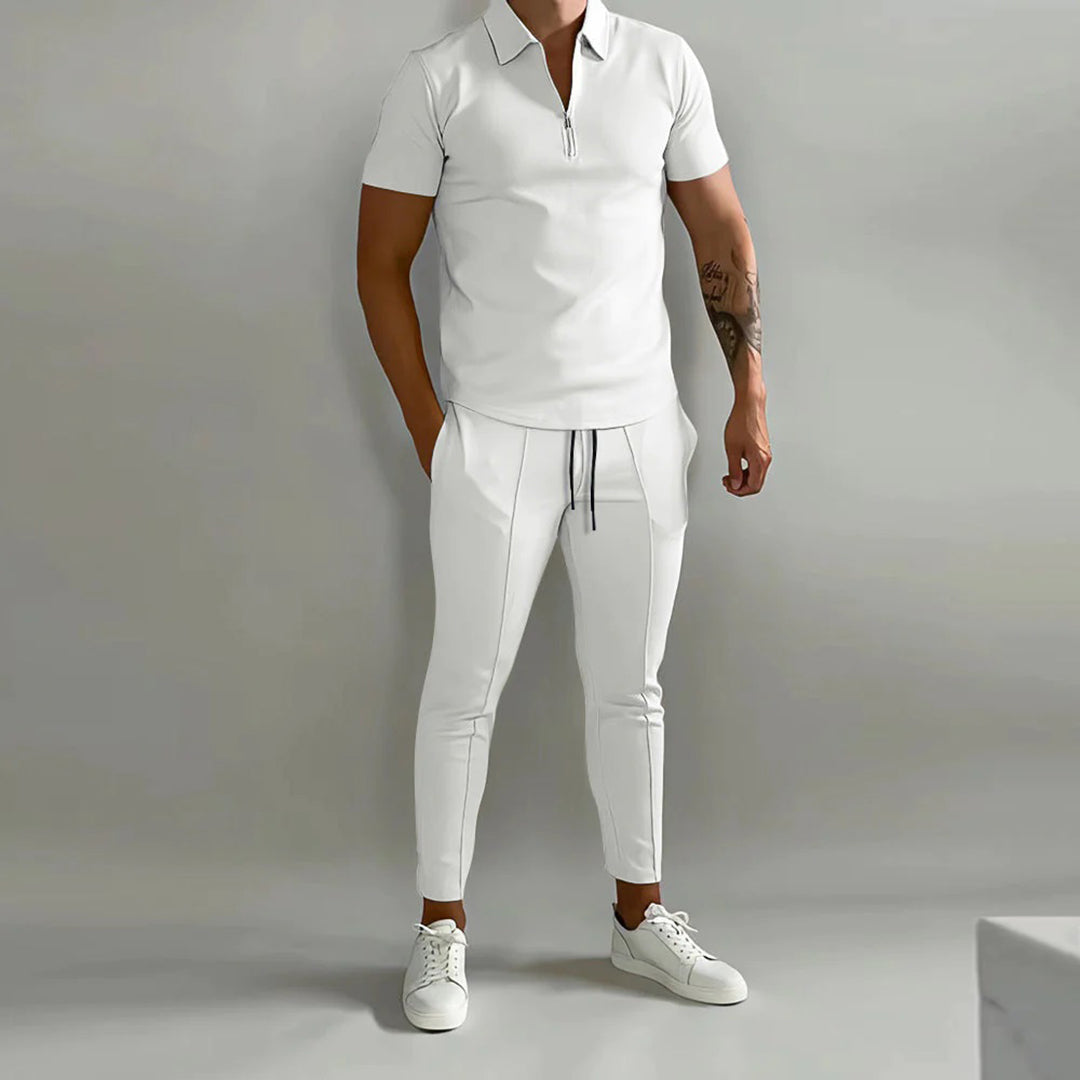 Men's zip-up polo shirt and tapered trousers set - versatile casual ensemble
