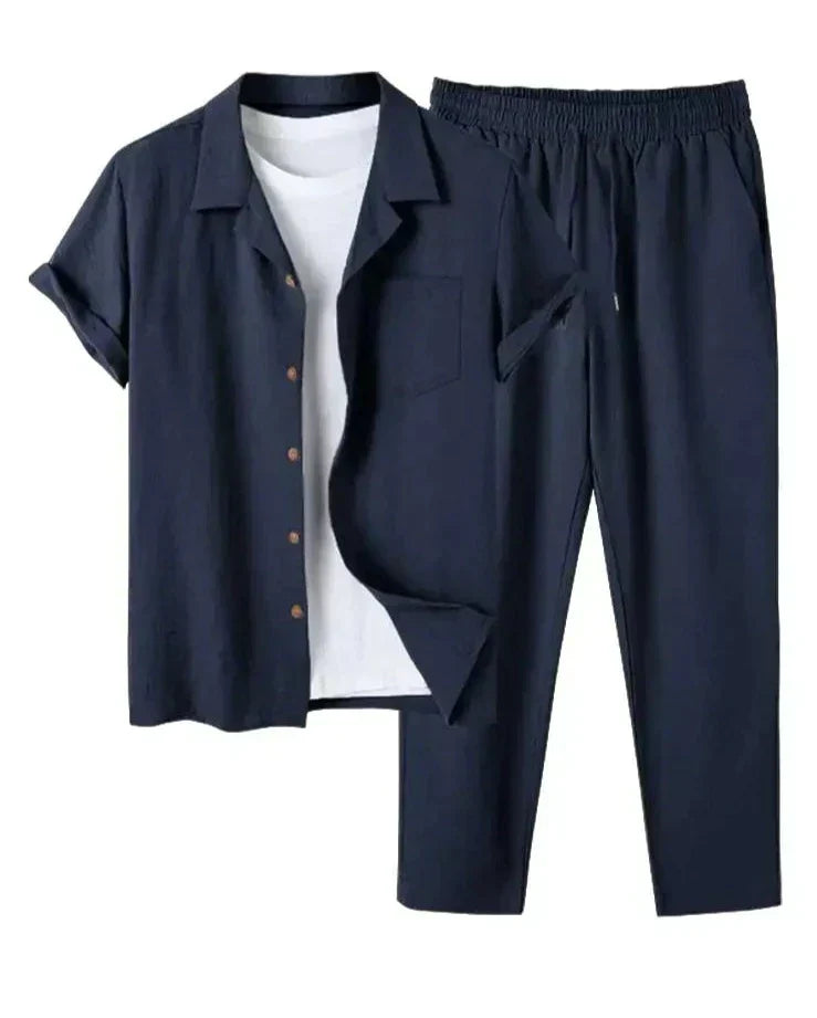 2-piece men's casual shirt and trousers set - lightweight relaxed outfit for daily wear