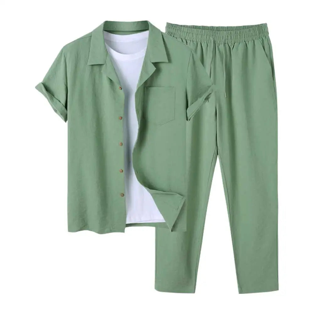 2-piece men's casual shirt and trousers set - lightweight relaxed outfit for daily wear