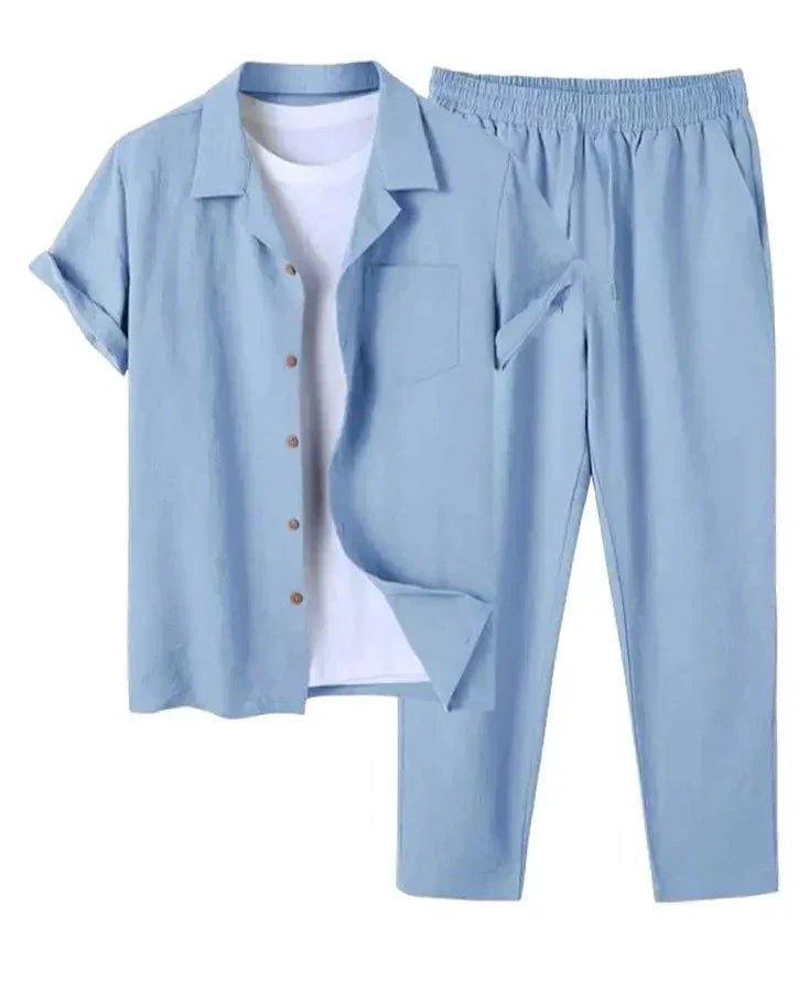 2-piece men's casual shirt and trousers set - lightweight relaxed outfit for daily wear