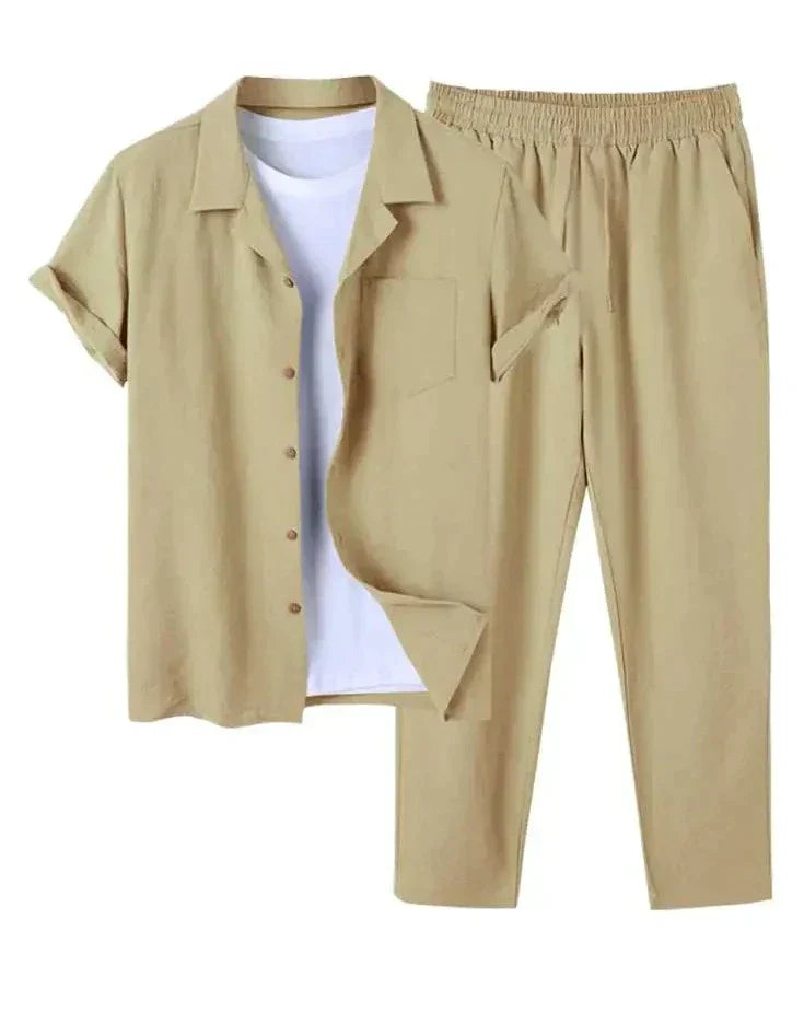 2-piece men's casual shirt and trousers set - lightweight relaxed outfit for daily wear