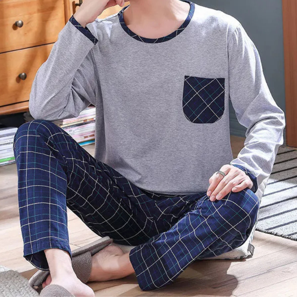 2-piece men's lounge set soft cotton pyjama set - casual sleepwear with long sleeve top and trousers