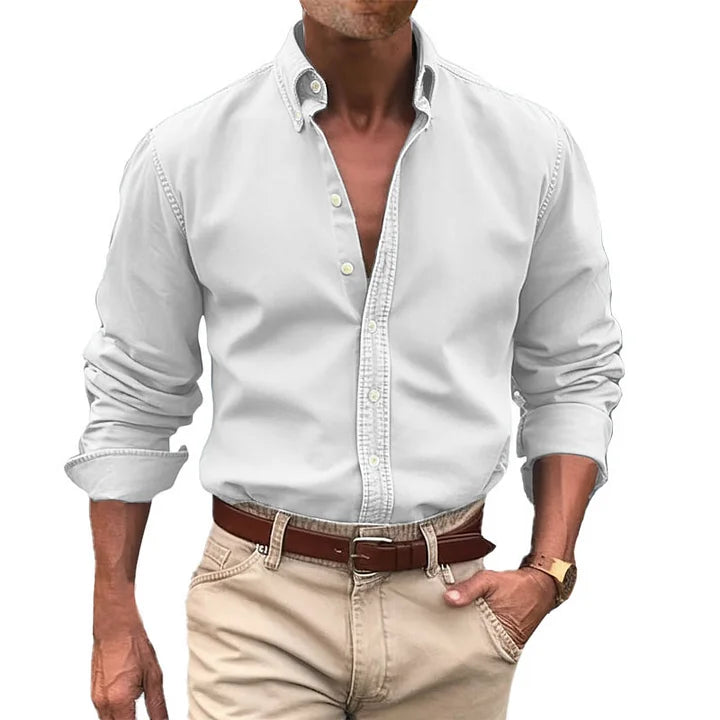Men's button-up shirt durable long sleeve work attire - versatile office and casual wear