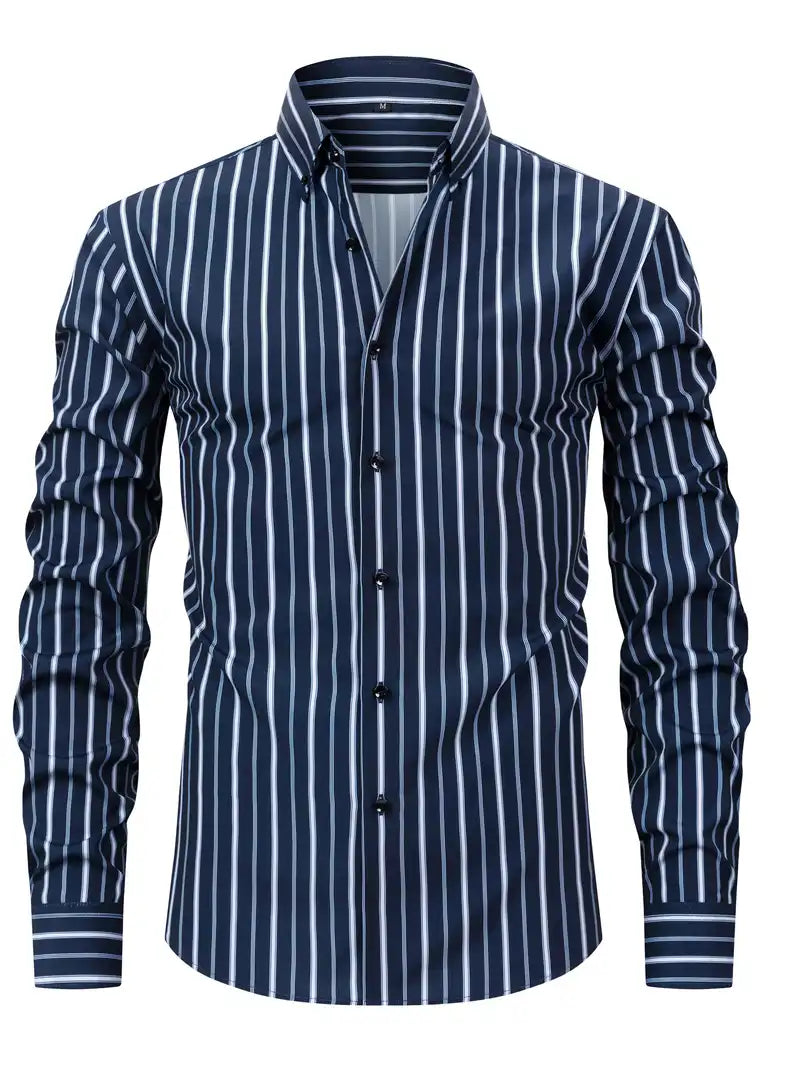 Men's long sleeve striped shirt - classic tailored fit for office and casual wear
