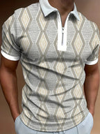 Men's polo shirt - zip fastening short sleeve casual wear with diamond pattern, breathable fabric