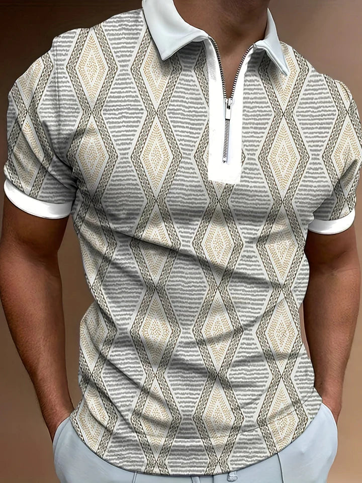Men's polo shirt - zip fastening short sleeve casual wear with diamond pattern, breathable fabric