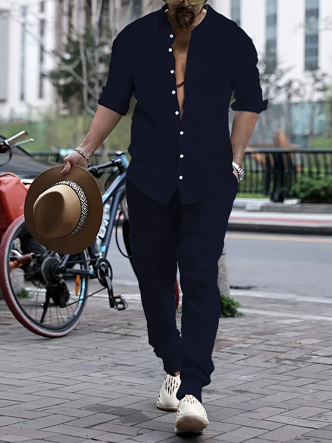 2-piece men's casual outfit stylish shirt and trousers set - everyday wear for weekend outings