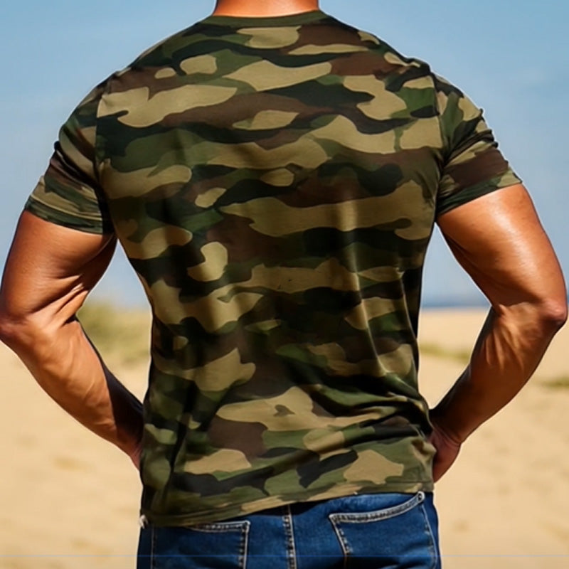 Men's t-shirt green camouflage v-neck casual top - stylish short sleeve tee for everyday wear