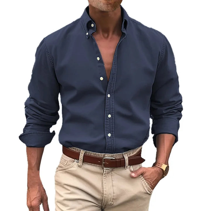 Men's button-up shirt durable long sleeve work attire - versatile office and casual wear