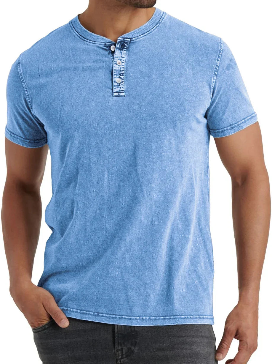 Men's denim henley t-shirt relaxed casual top - versatile stylish fit for everyday wear