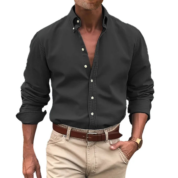 Men's button-up shirt durable long sleeve work attire - versatile office and casual wear