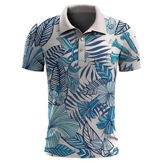 Men's tropical print polo shirt casual summer attire - lightweight stylish short sleeve poloshirt