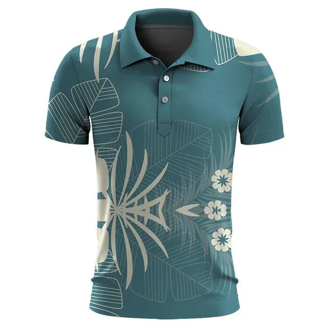 Men's tropical print polo shirt casual summer attire - lightweight stylish short sleeve poloshirt