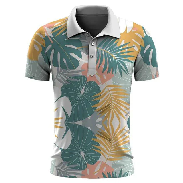 Men's tropical print polo shirt casual summer attire - lightweight stylish short sleeve poloshirt
